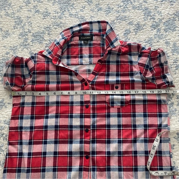 G Collection Red, White, and Blue Plaid Flannel Button Down with Front Tie - Picture 8 of 9